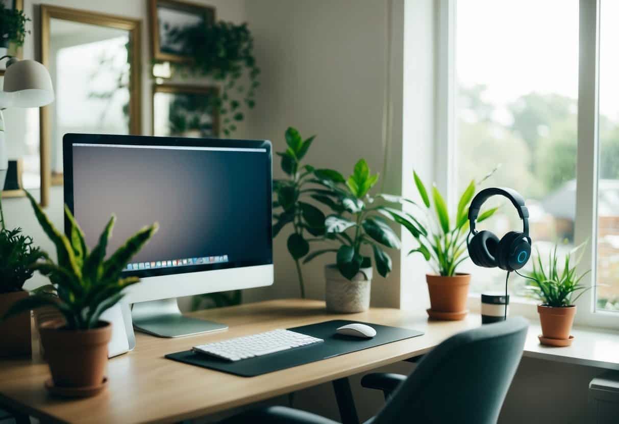 A cozy home office with noise-canceling headphones, a desk, computer, plants, and natural light