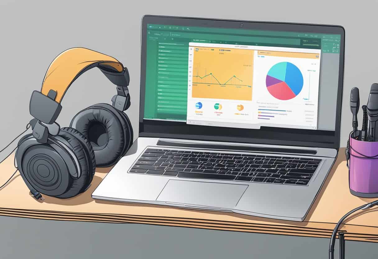 A laptop on a desk with headphones, a microphone, and a transcription software interface open on the screen