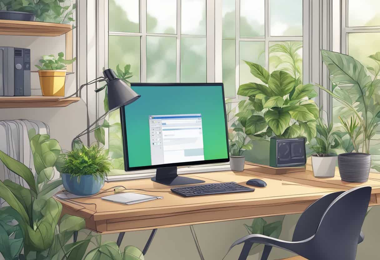 A computer with various design software open, surrounded by plants and a cozy workspace