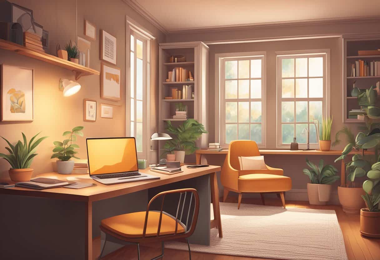 A cozy home office with a laptop, desk, and chair. Soft lighting and a warm color scheme create a comfortable atmosphere for writing and creating content