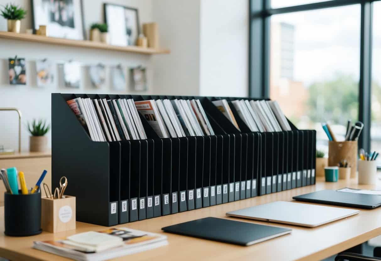 A tidy desk with 24 magazine holders neatly arranged, surrounded by small office decor and supplies