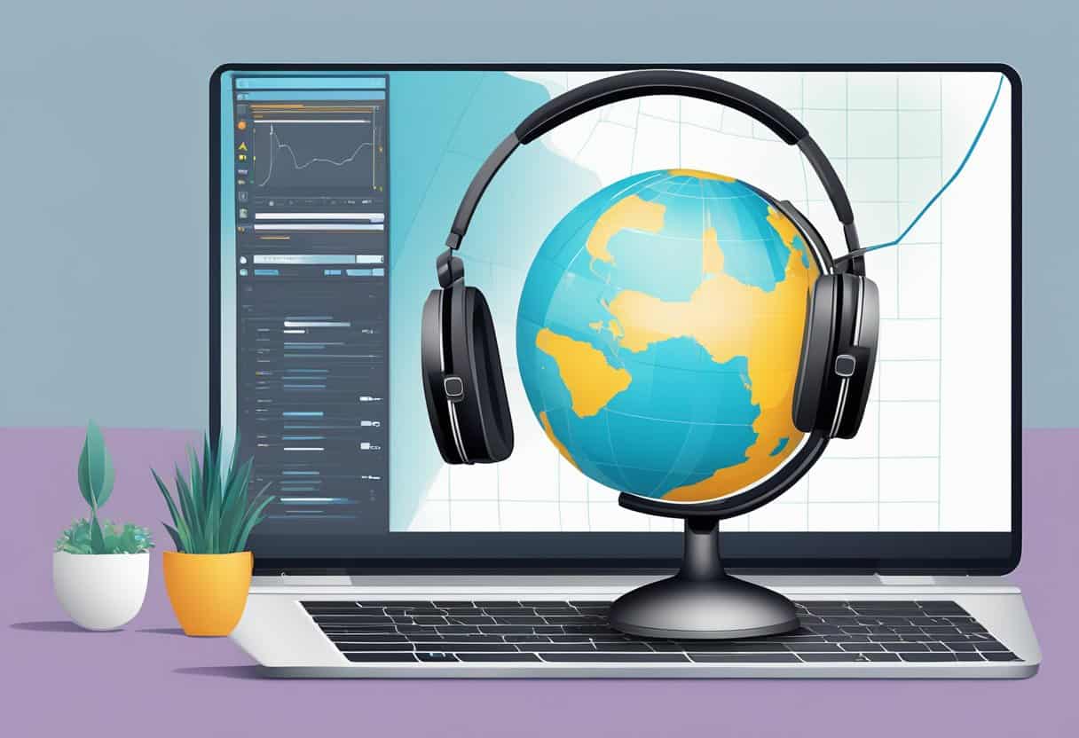 A laptop with a globe on the screen and a headset next to it