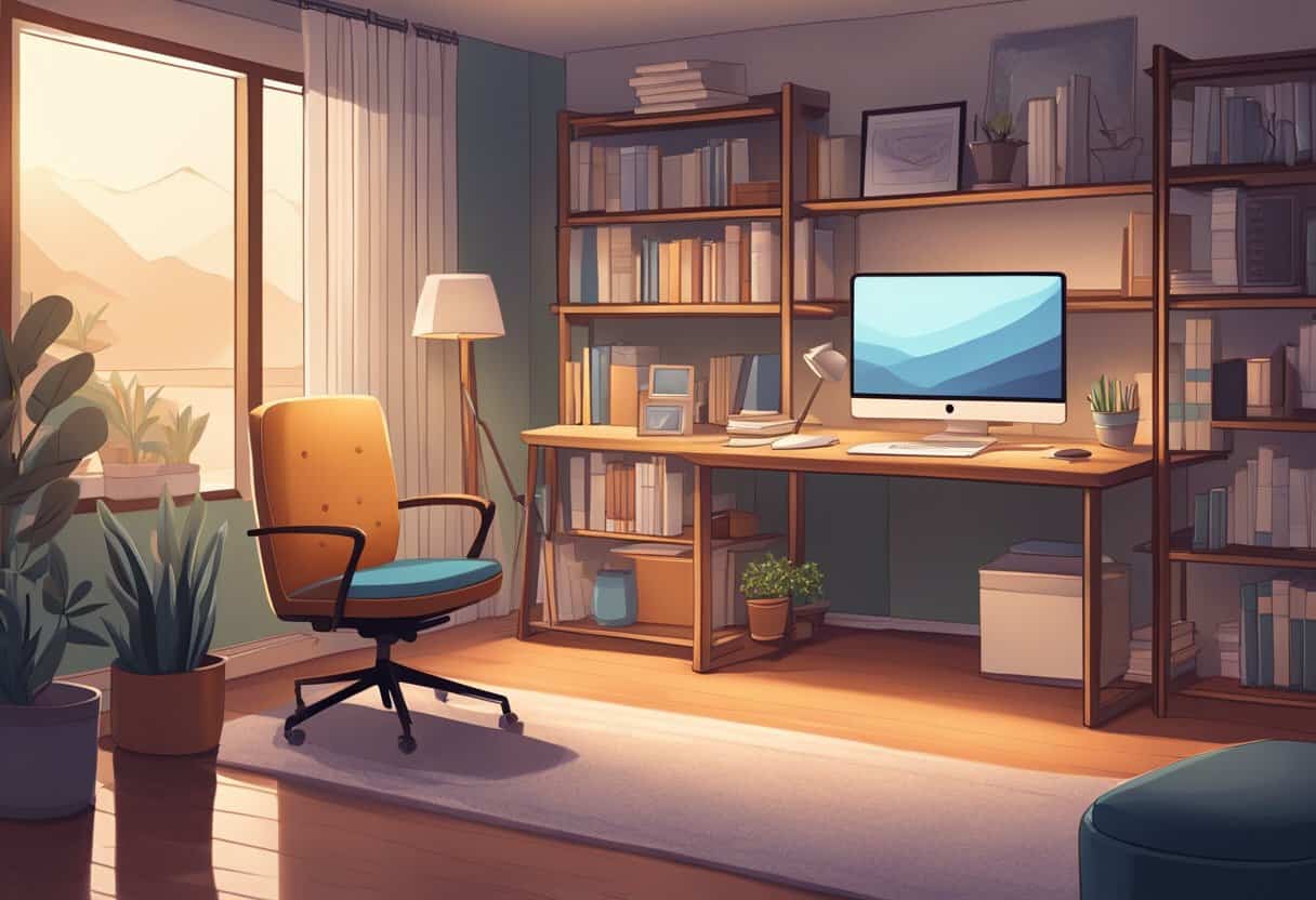 A cozy home office with a desk, computer, and bookshelves. Soft lighting and a comfortable chair create a welcoming atmosphere for quiet, focused work