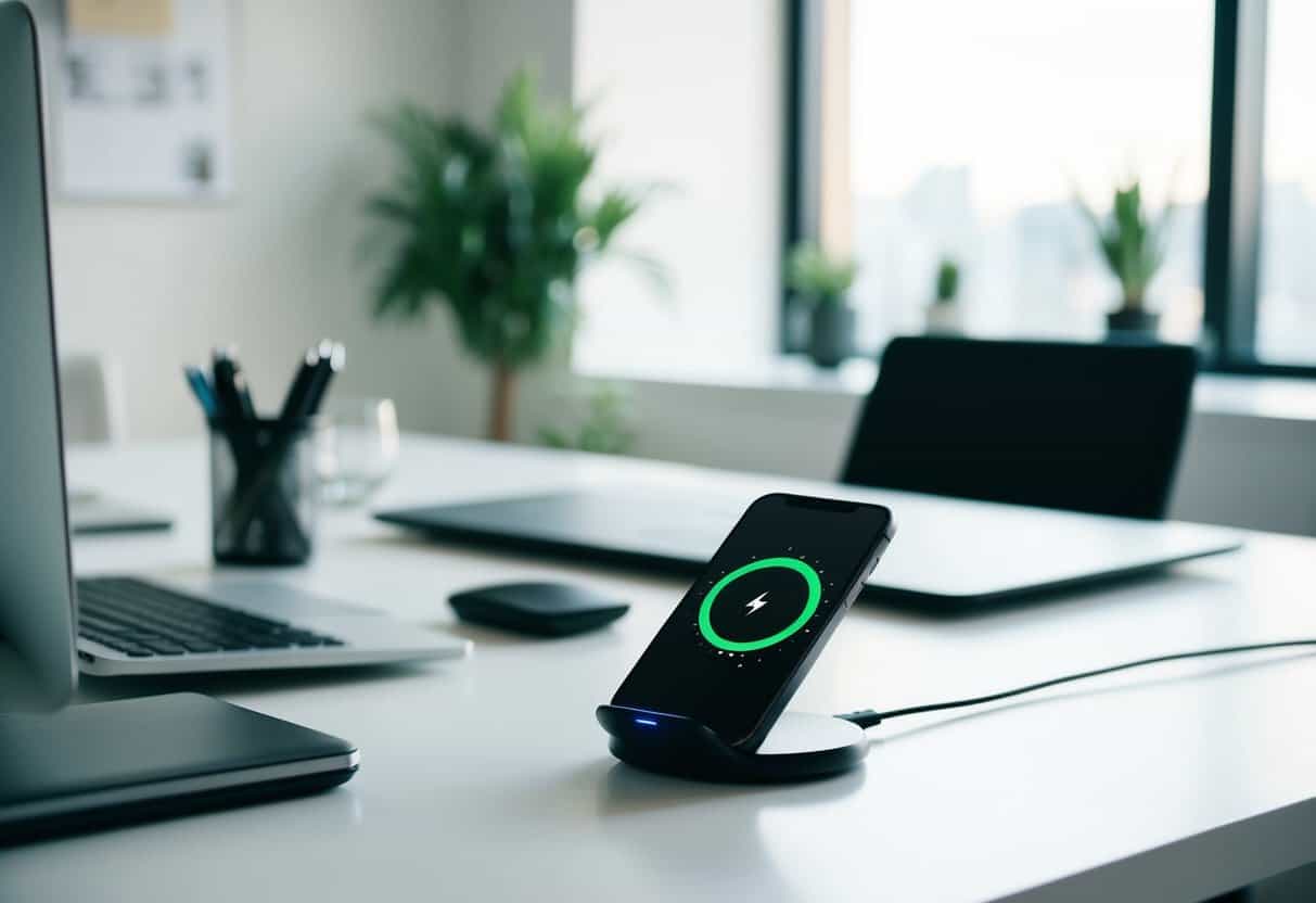 A clutter-free desk with a sleek wireless charger, surrounded by minimalist office decor and natural light streaming in through a nearby window