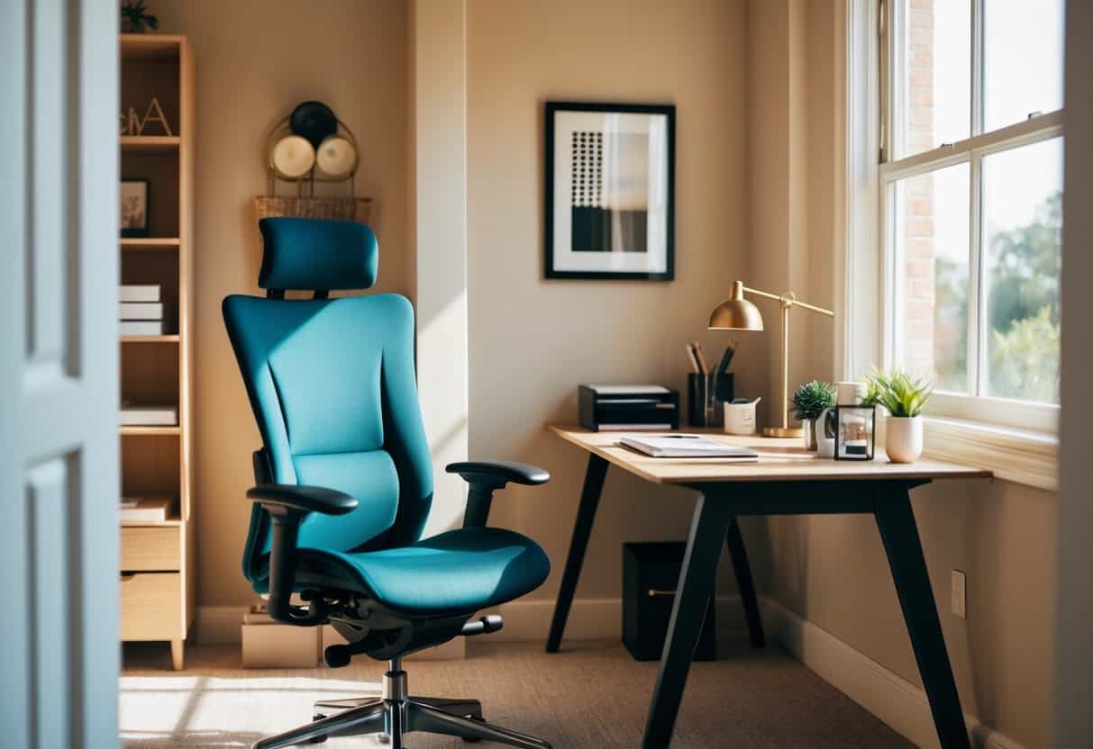 A cozy home office with a sleek ergonomic chair, organized desk, and stylish decor. Natural light streams in through a window, creating a warm and inviting workspace