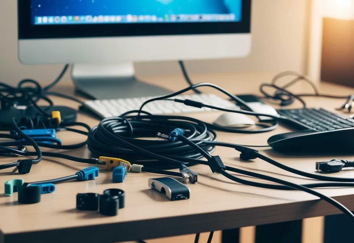 A cluttered desk with tangled cords and cables. A variety of cable management solutions are scattered around, including cable clips, organizers, and sleeves