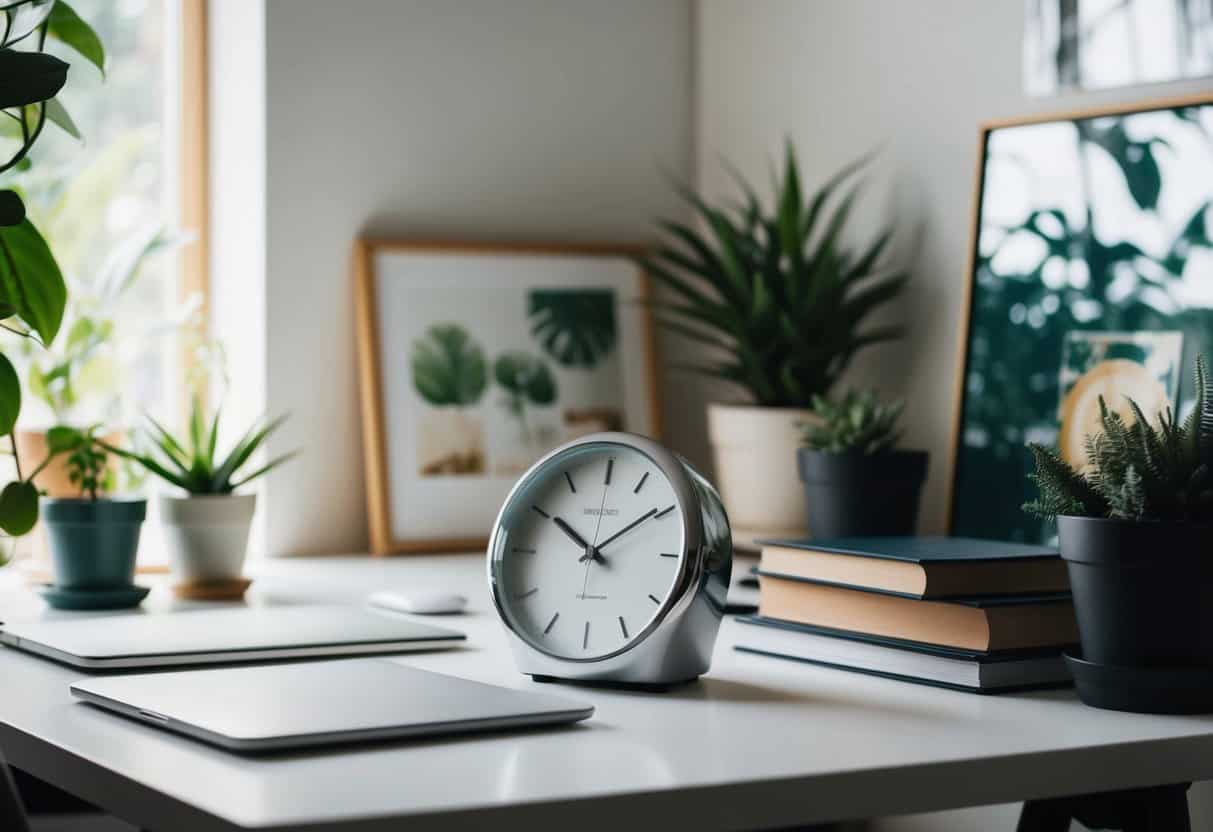 A sleek desk clock sits on a tidy workspace surrounded by plants, books, and art prints. The natural light streams in through a nearby window, creating a cozy and inviting atmosphere