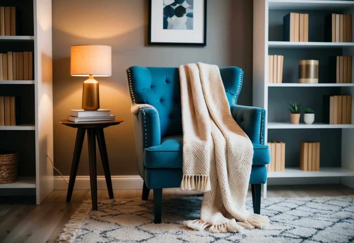 A cozy throw blanket draped over a stylish armchair in a small home office, surrounded by shelves of books and a warm desk lamp