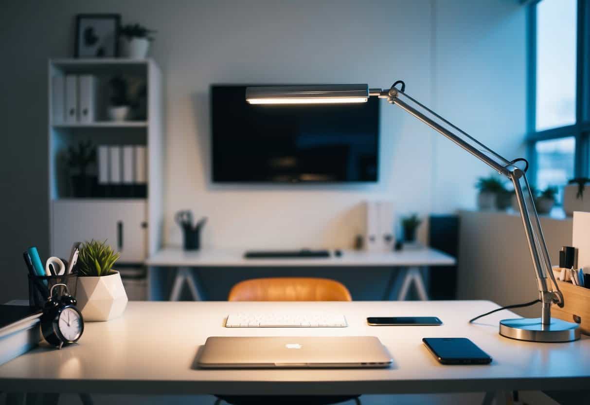 A sleek adjustable desk lamp illuminates a clutter-free home office space, surrounded by minimalist decor and functional organization