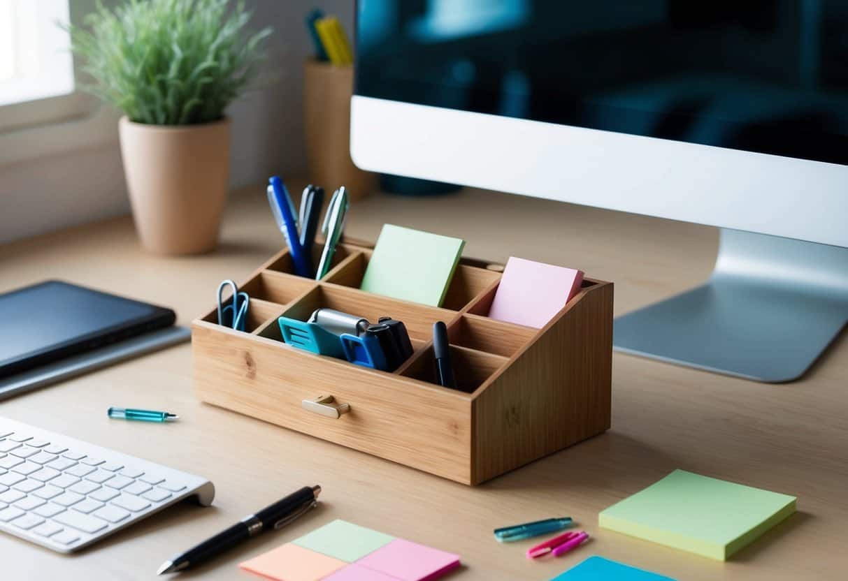 A wooden desk organizer holds various small office supplies, such as pens, paper clips, and sticky notes. The desk is clean and organized, with a minimalist aesthetic