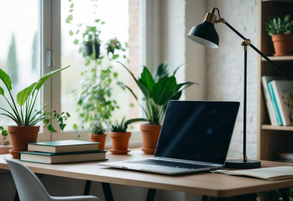 A laptop stand on a desk in a cozy home office with plants, books, and natural light streaming through a window