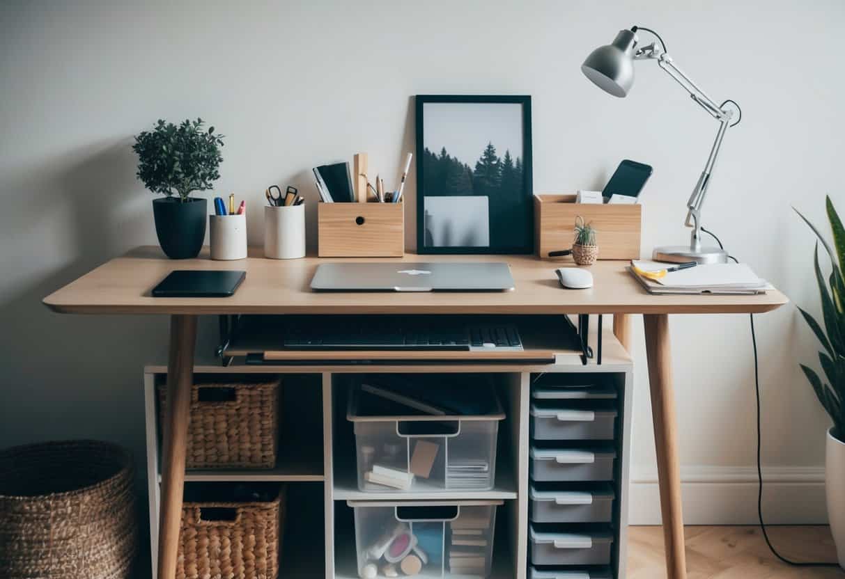 A cluttered desk with various small storage containers underneath, including baskets, drawers, and shelves for organization