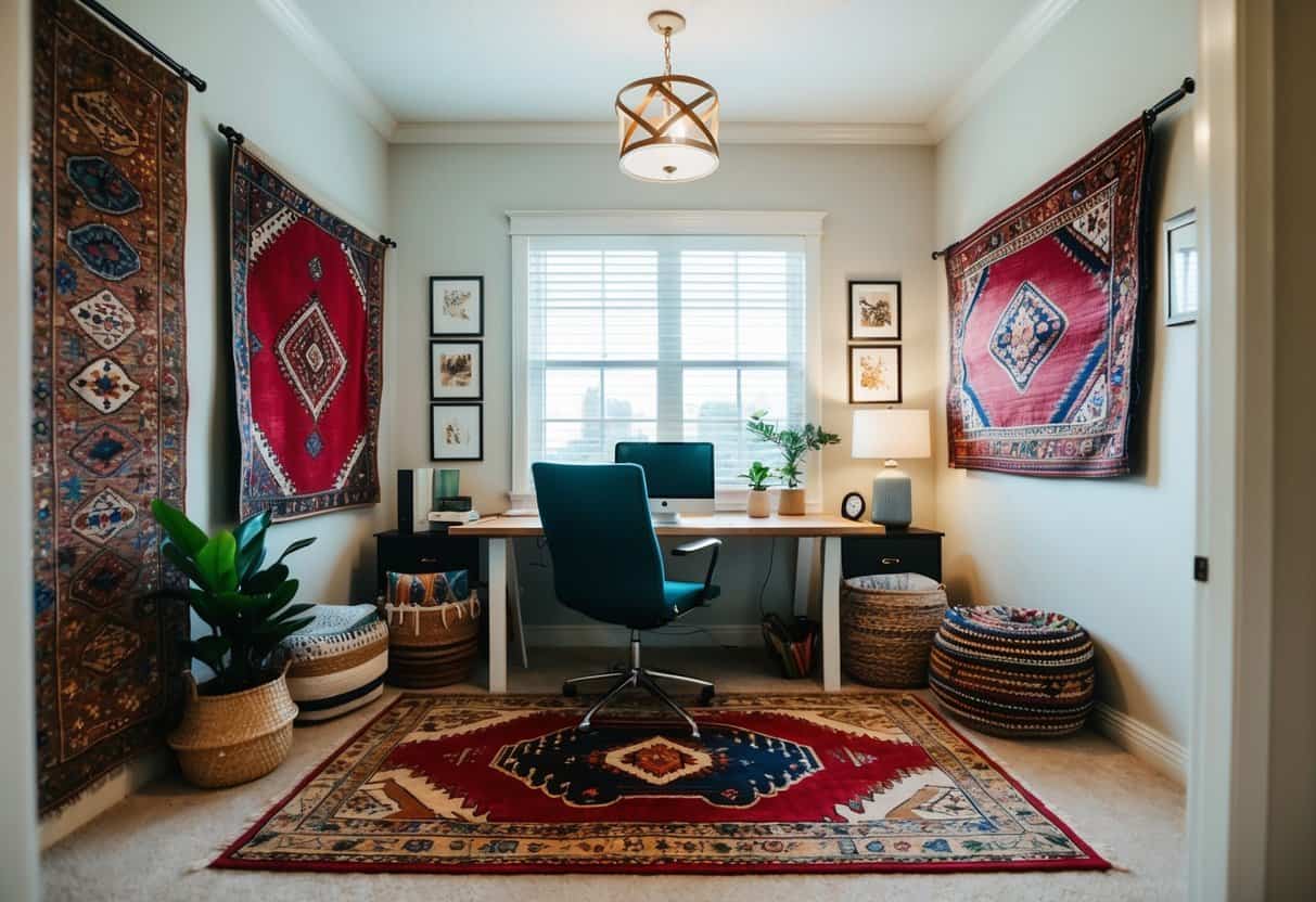 A cozy home office with a variety of colorful rugs, adding a vibrant touch to the space