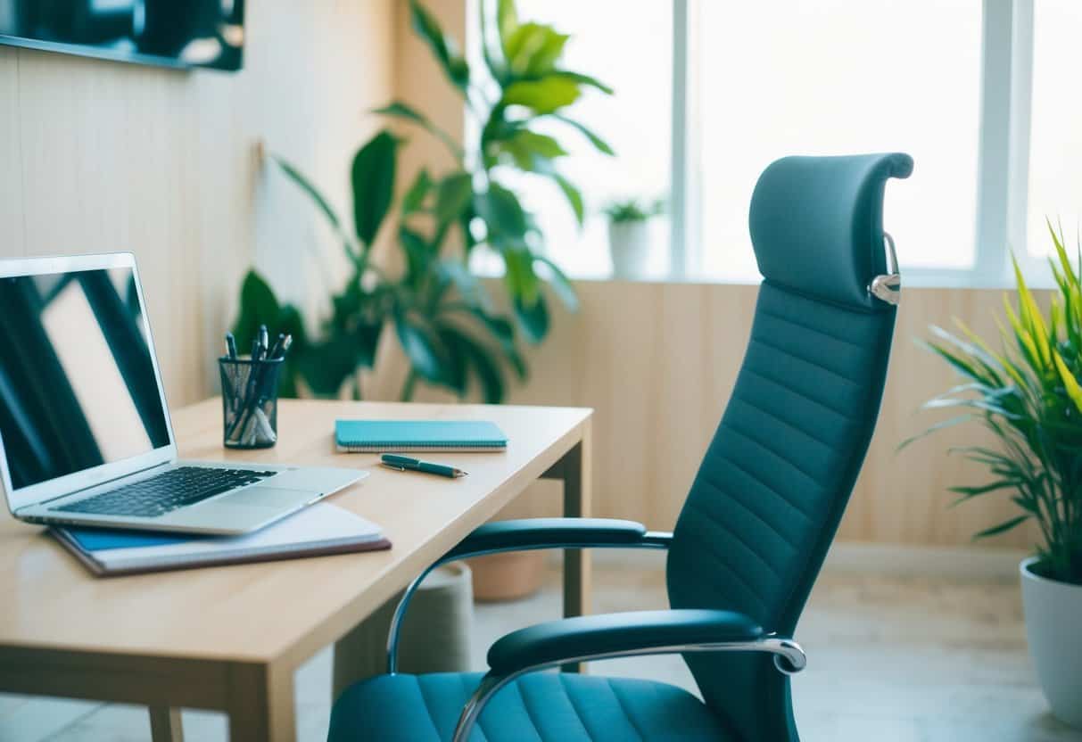 A desk with a laptop, notebook, and pen. A comfortable chair for the client. A welcoming atmosphere with natural light and plants