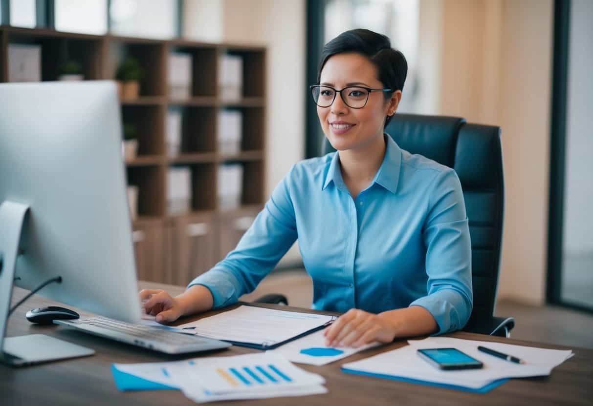 A person sitting at a desk, surrounded by papers and a computer, speaking to a potential virtual assistant client