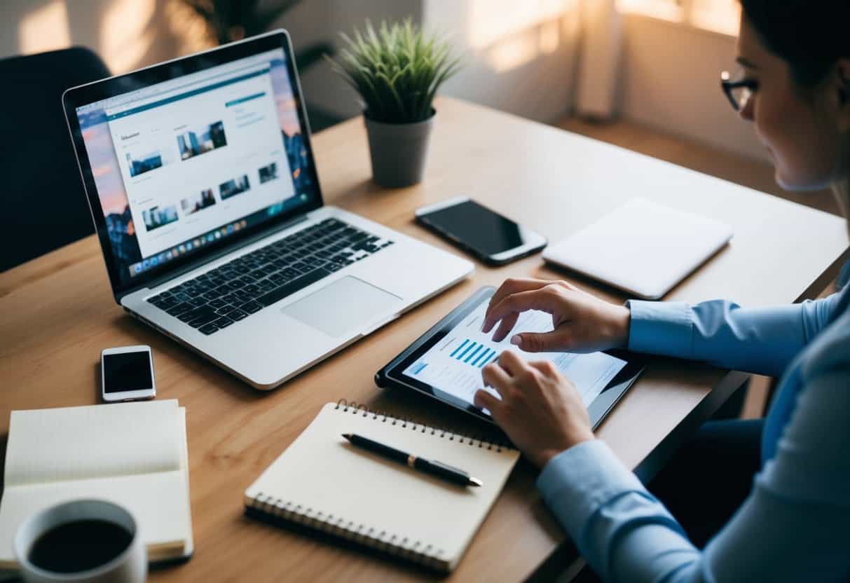 A virtual assistant at a desk, surrounded by a variety of tasks such as scheduling, research, data entry, and social media management