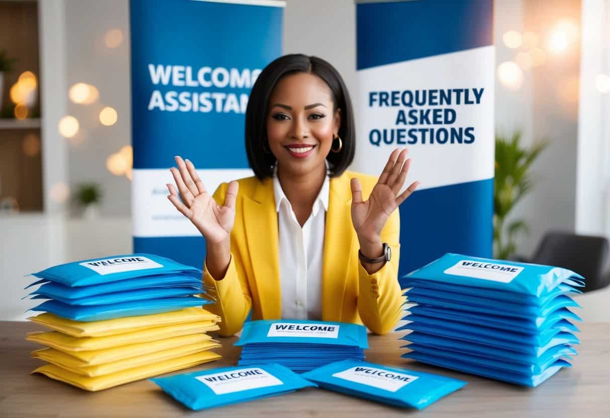 A virtual assistant surrounded by a stack of welcome packets, with a "Frequently Asked Questions" banner in the background