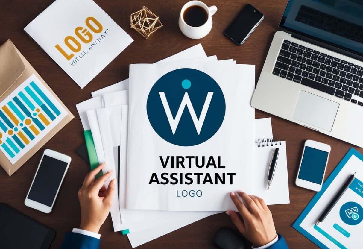 A virtual assistant logo surrounded by a welcome packet, marketing materials, and digital devices