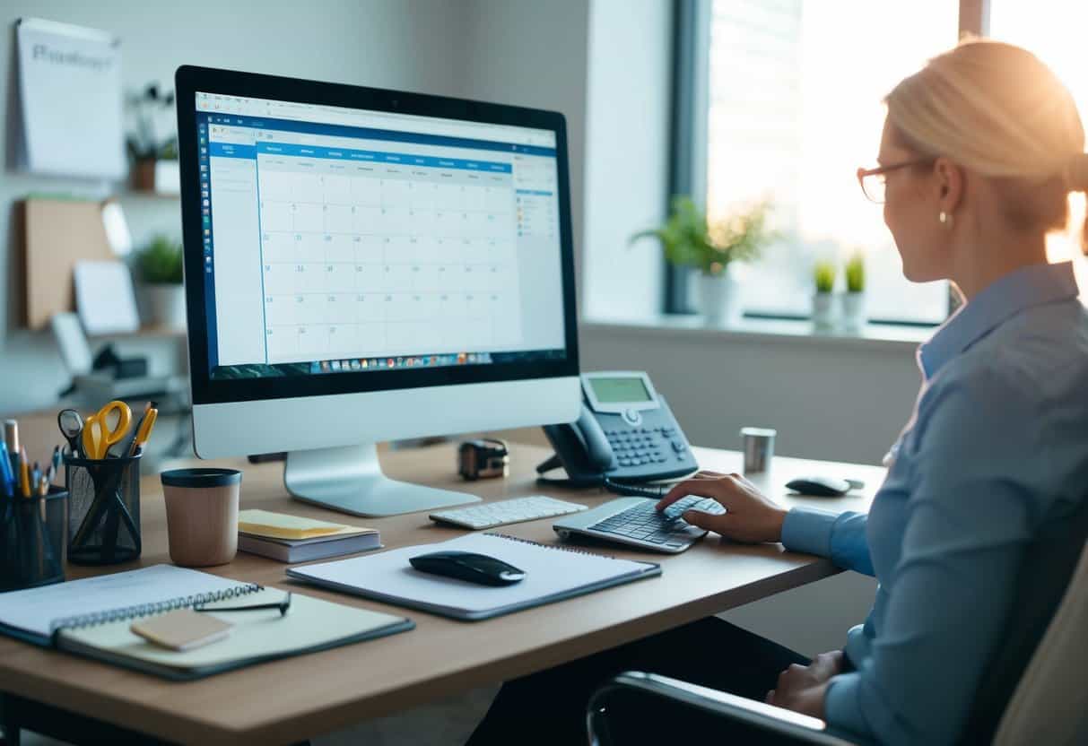 A desk with a computer, phone, and calendar, surrounded by office supplies and a comfortable chair for working with virtual assistant clients