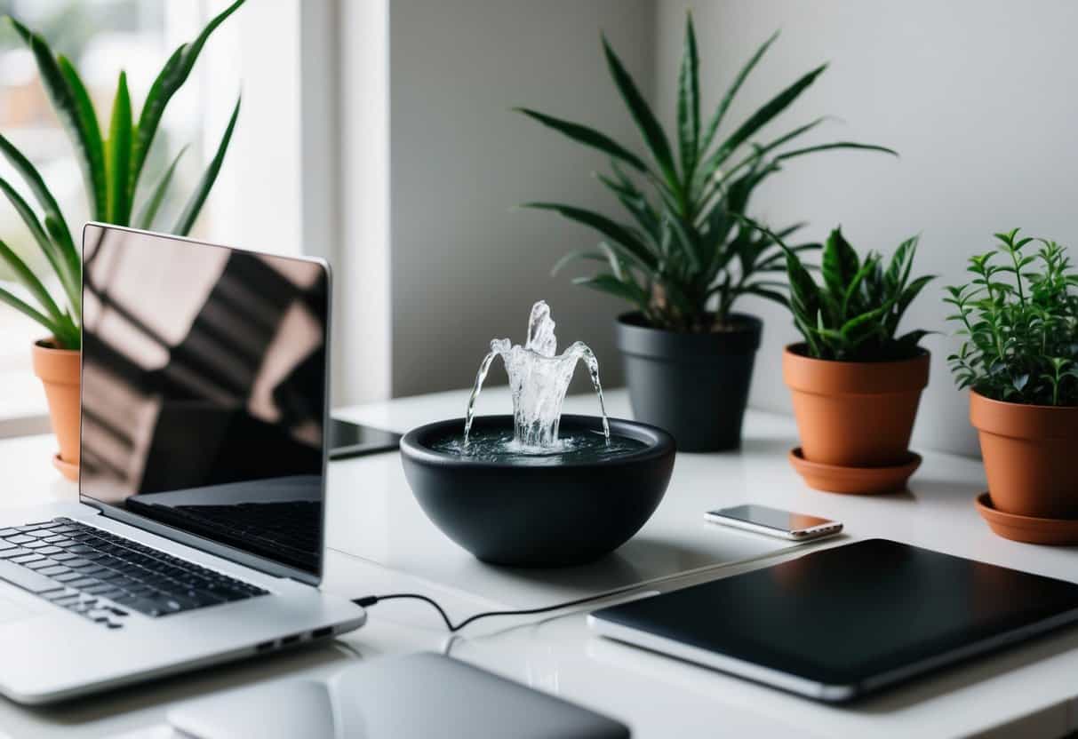 A small desk fountain sits on a clutter-free workspace surrounded by potted plants and a sleek laptop. The calming sound of flowing water adds a touch of tranquility to the home office