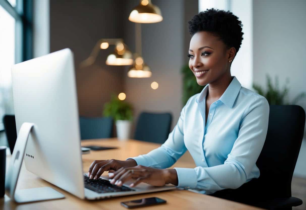 A virtual assistant typing on a computer while maintaining open communication with their client