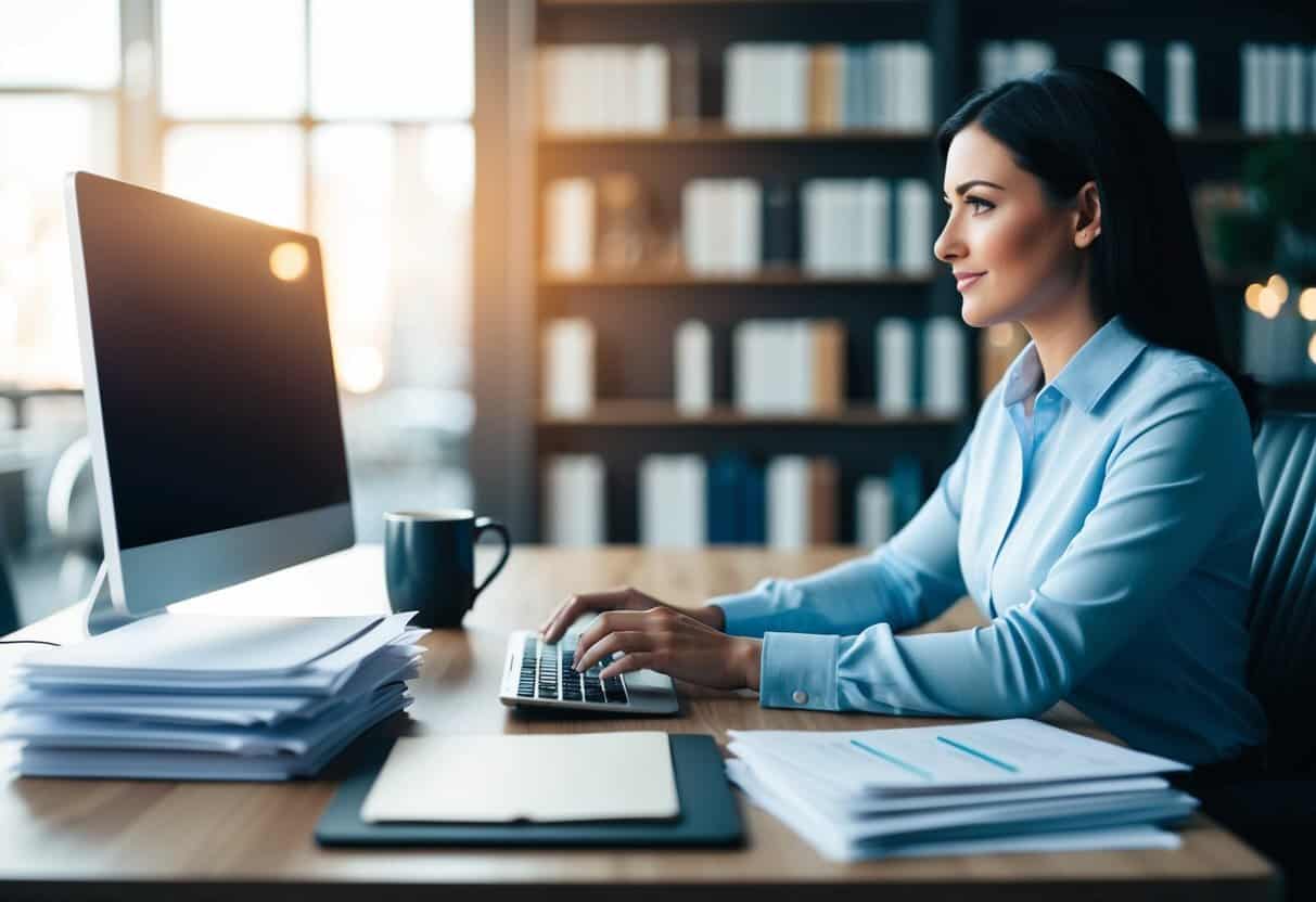 A virtual assistant sitting at a desk, typing on a computer while surrounded by a stack of papers and a mug of coffee