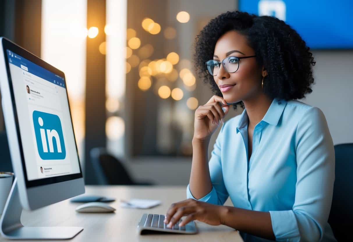 A virtual assistant sits at a desk, surrounded by computer screens, typing on a keyboard while their LinkedIn profile is displayed on one of the screens