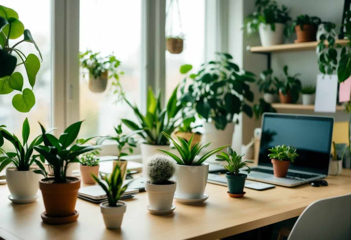 A cozy home office with a variety of small indoor plants scattered throughout the room, adding a touch of greenery and natural beauty to the workspace