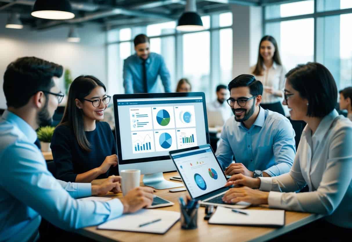 A bustling office with people collaborating on a digital project management platform, using various features and tools