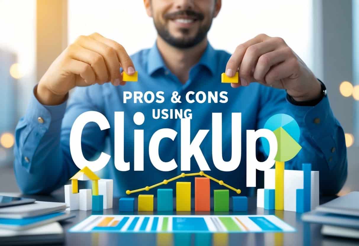 A person weighing the pros and cons of using ClickUp, surrounded by various support and resource options