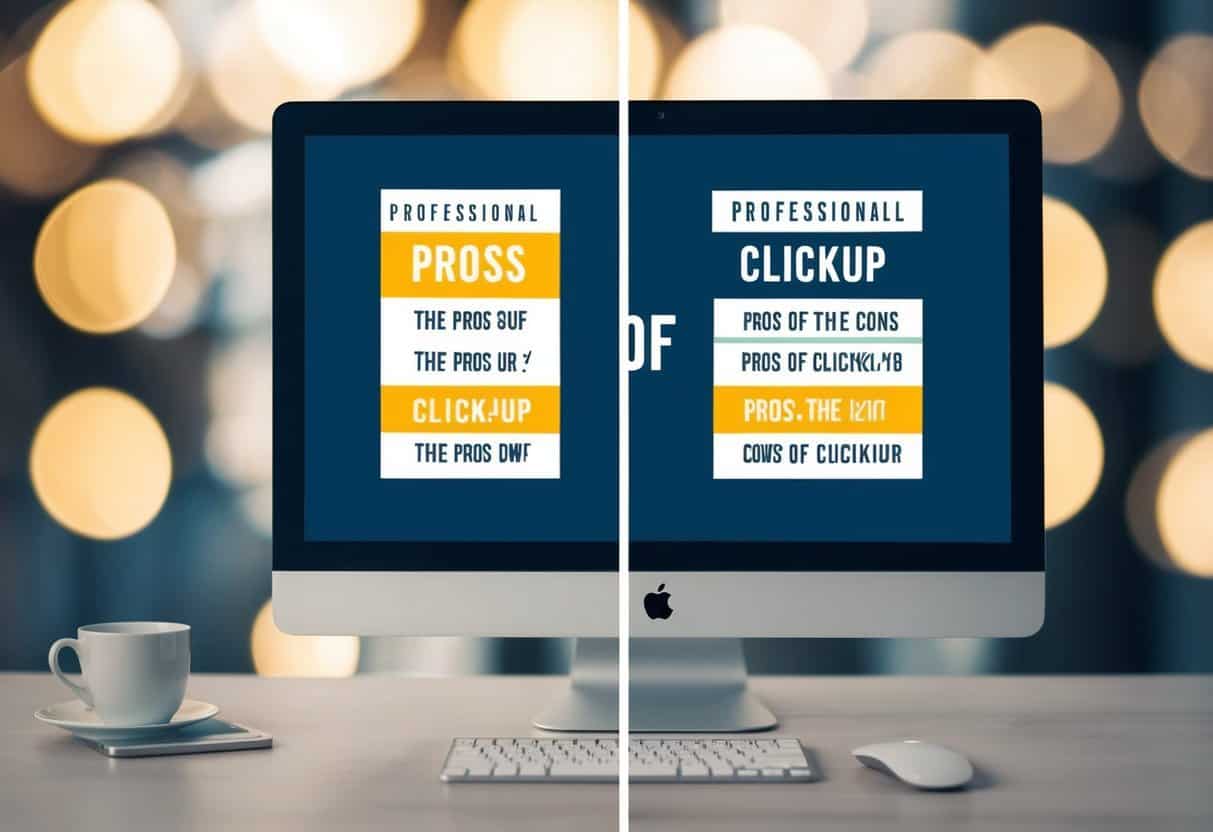 A computer screen split into two sections, one listing the pros of ClickUp and the other listing the cons