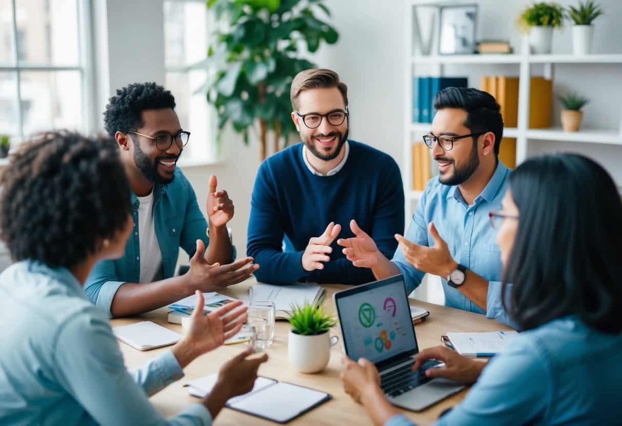 A group of people engaging in lively discussion, sharing ideas, and debating the pros and cons of using ClickUp in a collaborative and supportive online community