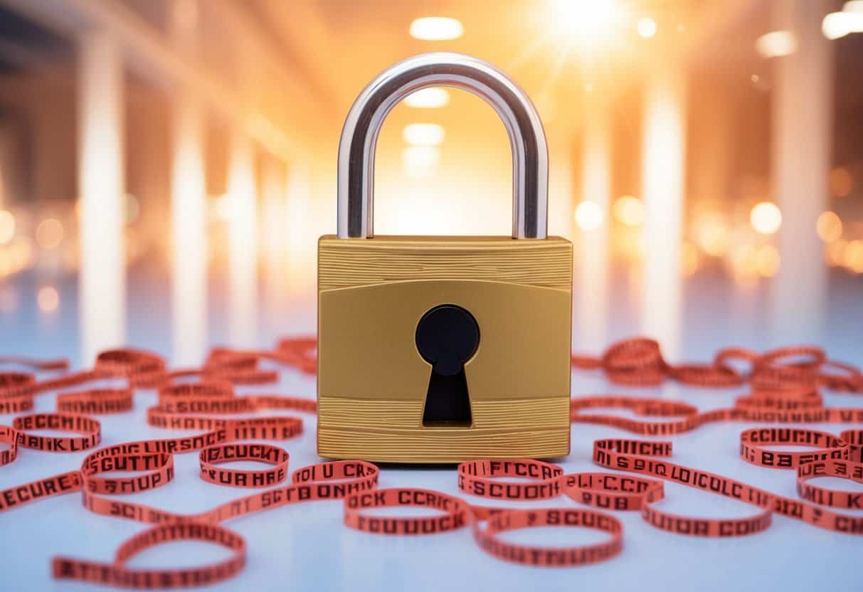 A secure padlock surrounded by a maze of red tape, representing the pros and cons of security and compliance in ClickUp