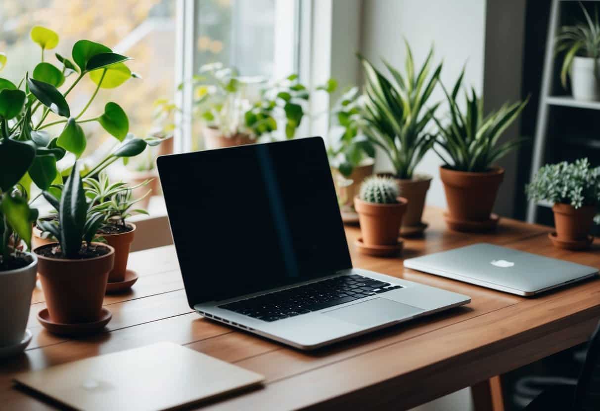 A laptop on a wooden desk with a cozy home office setup, surrounded by plants and natural light streaming in through a window