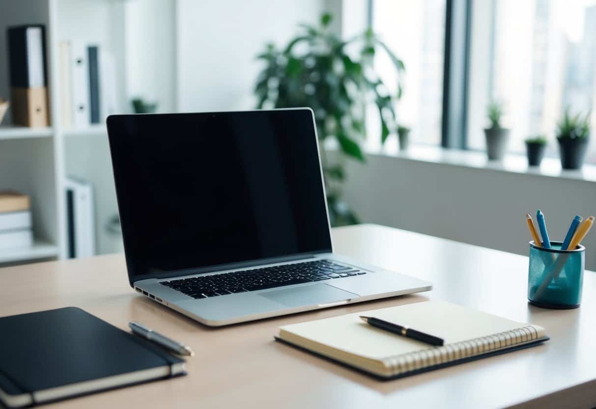 A laptop on a clean, organized desk with a professional-looking background, such as a bookshelf or a plant, and a notepad with a pen