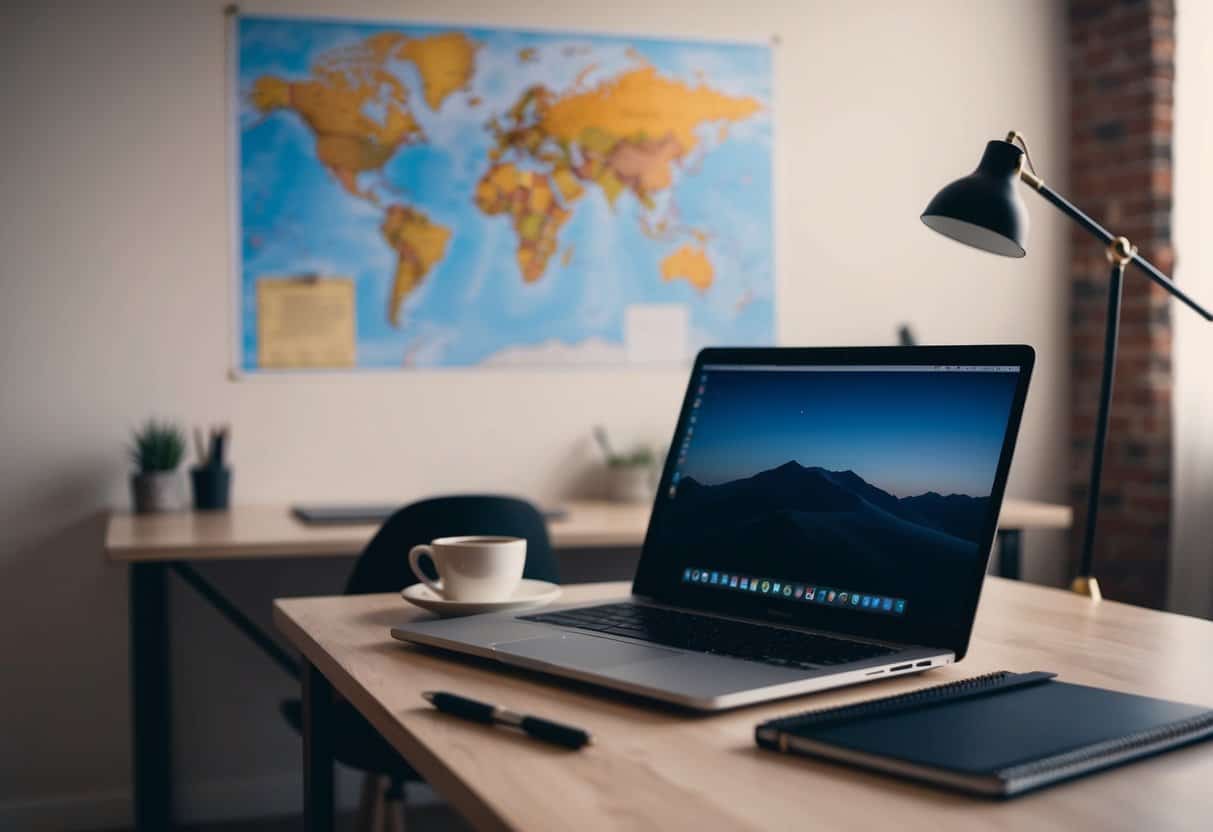 A laptop on a desk with a notebook, pen, and a cup of coffee. A world map on the wall. A cozy, well-lit workspace