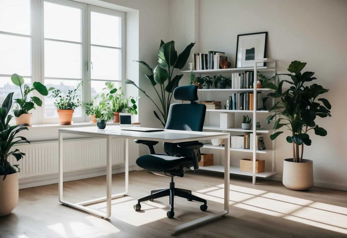 A cozy home office with a minimalist desk, ergonomic chair, and shelves filled with books and plants. Natural light streams in from a large window, illuminating the space