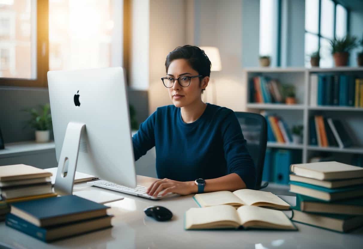 A person sitting at a computer, surrounded by books and notes, with a determined expression on their face as they research remote job opportunities