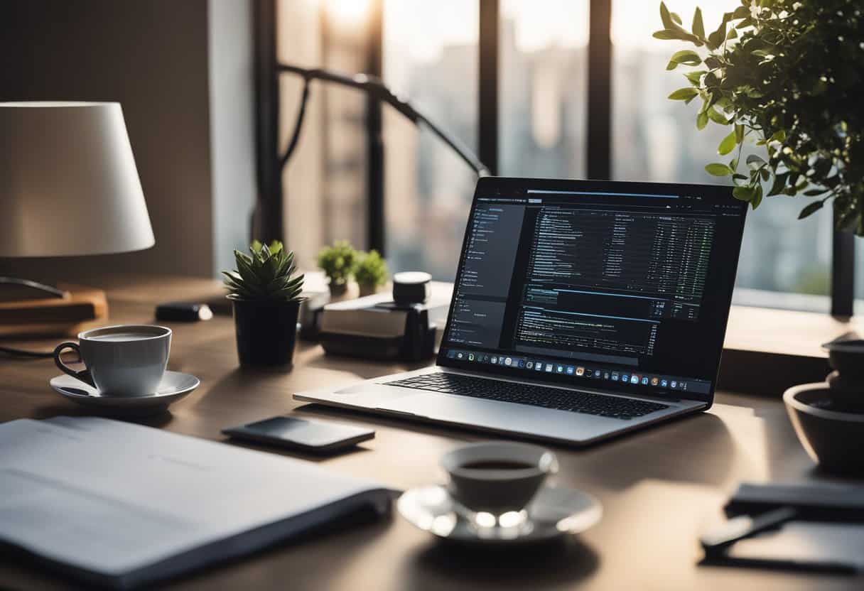 A desk with a computer, notebook, and pen. A virtual assistant updating a CRM system on the screen