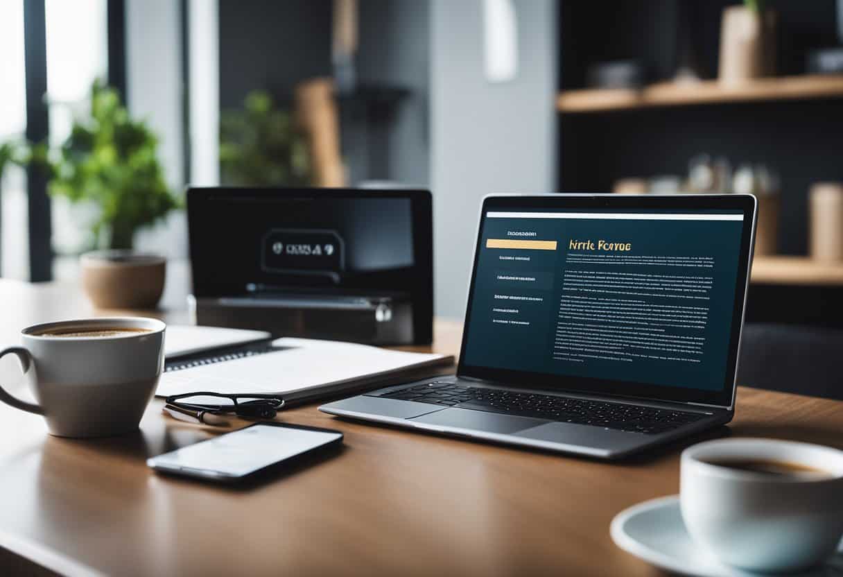 A laptop with a resume on the screen, surrounded by a coffee mug, notebook, and a smartphone with a remote job listing open