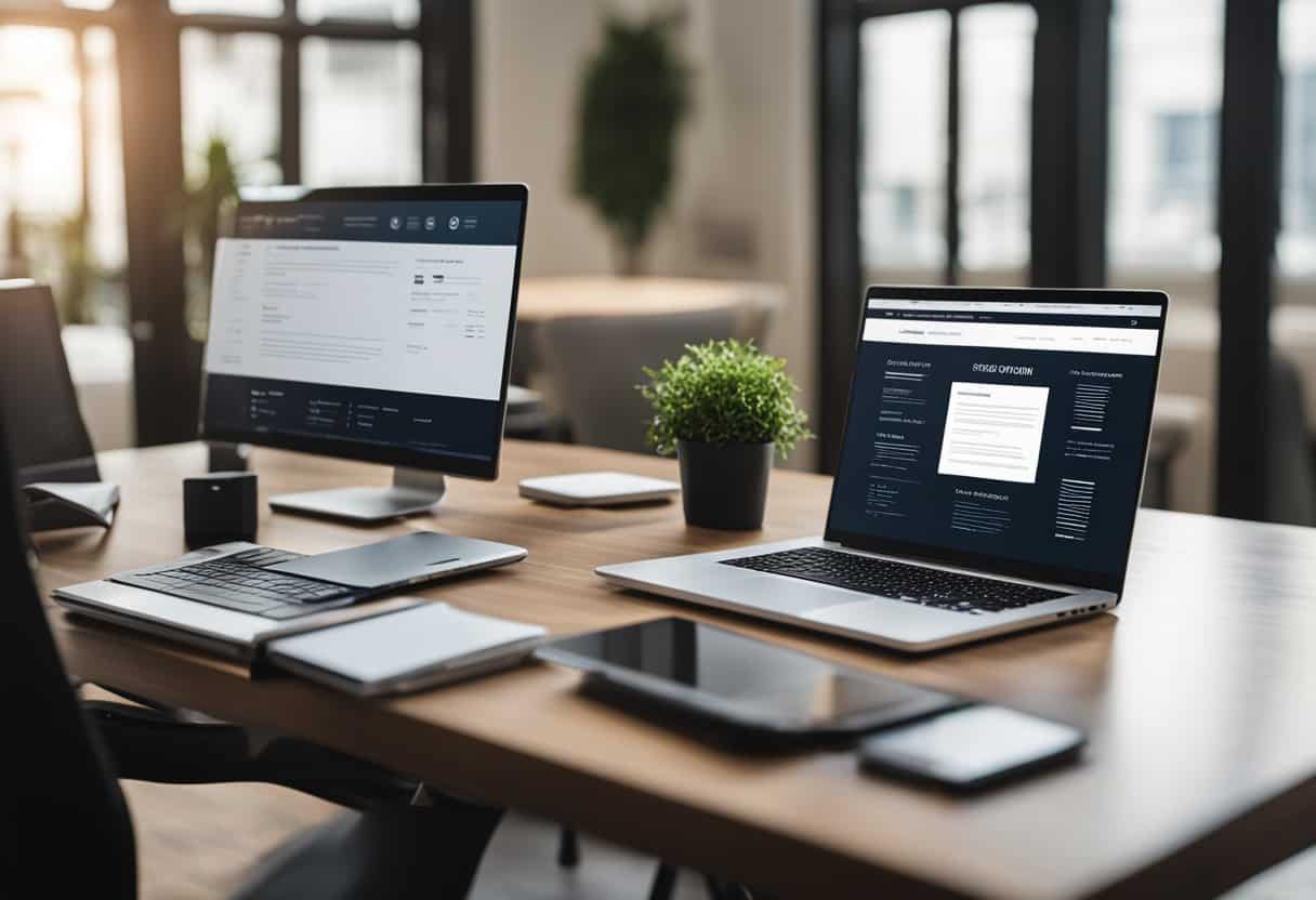 A laptop with a resume on the screen, surrounded by a remote work set-up including a desk, chair, and possibly a home office background