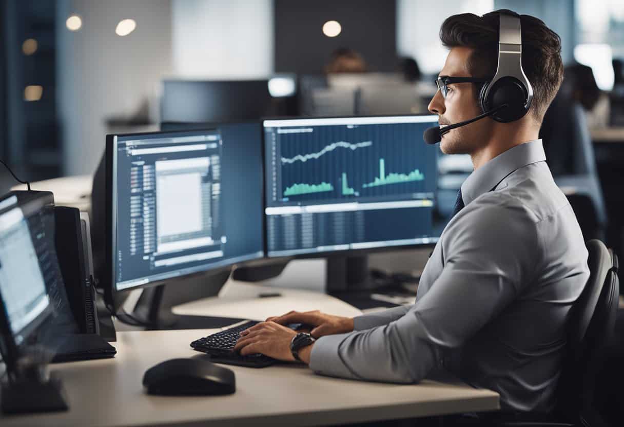 A person sitting at a desk with a computer and headset, surrounded by a calm and organized workspace, taking calls and assisting customers