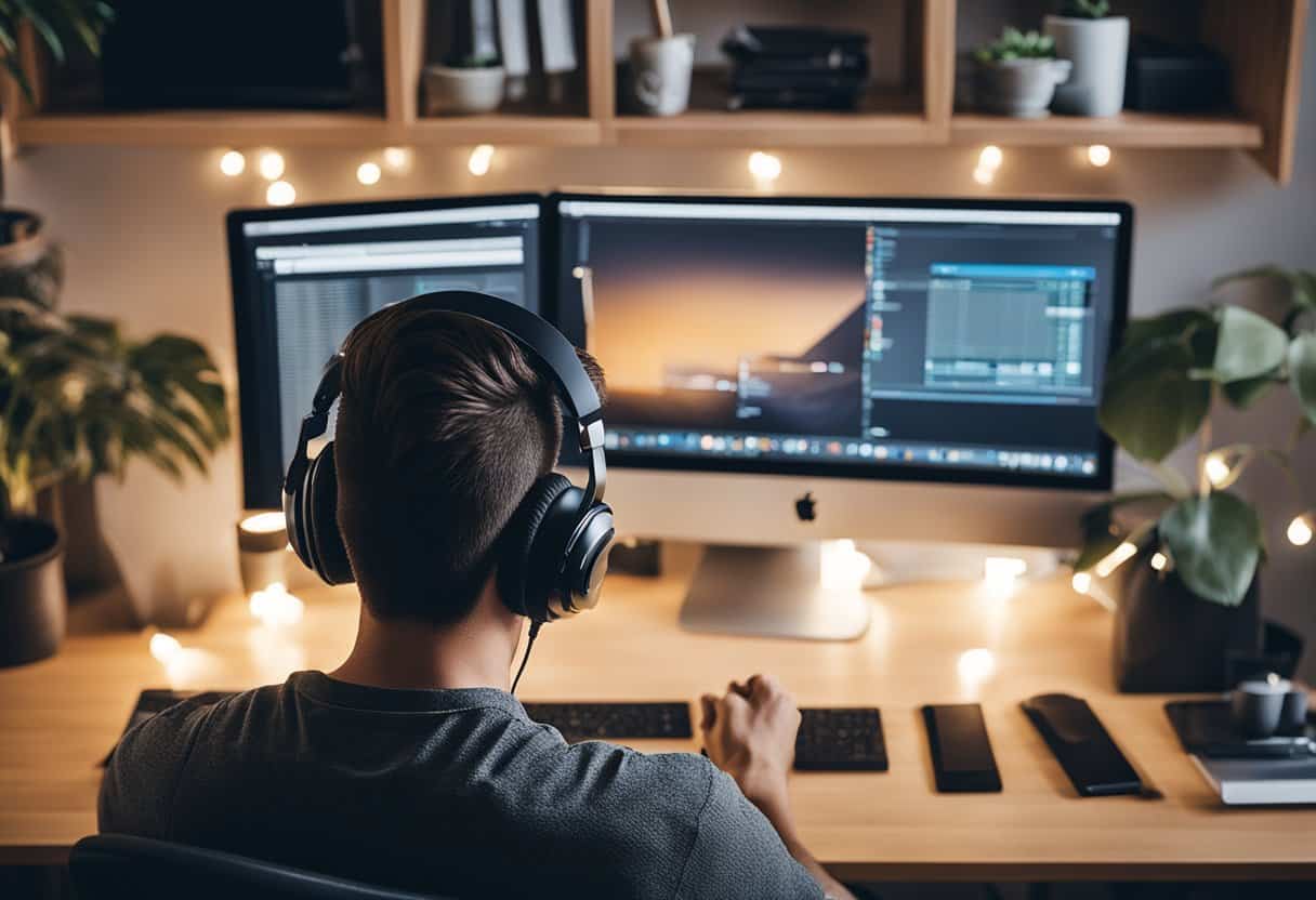 A person working at a computer with a headset, surrounded by home office equipment and a cozy workspace