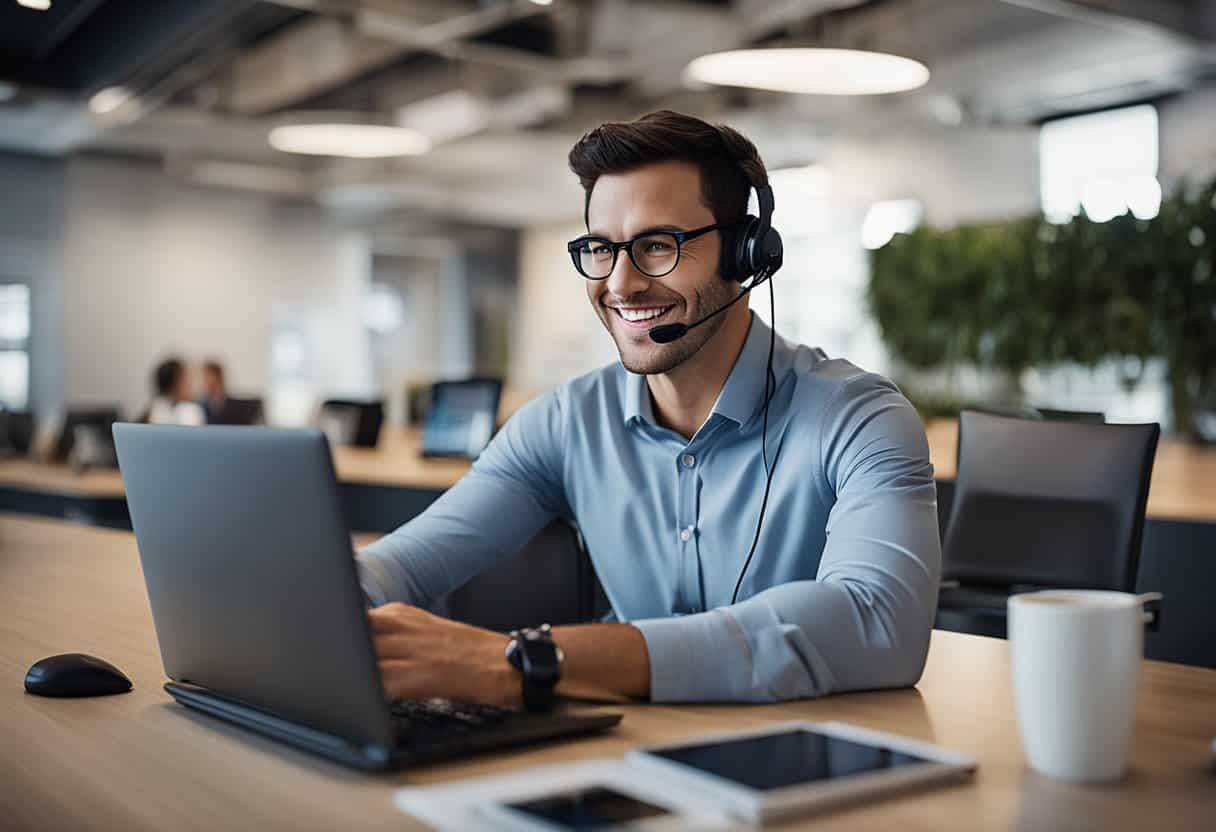 A person sitting at a desk with a laptop and headset, smiling while assisting a customer. A sign on the wall reads "Remote Customer Service Team."