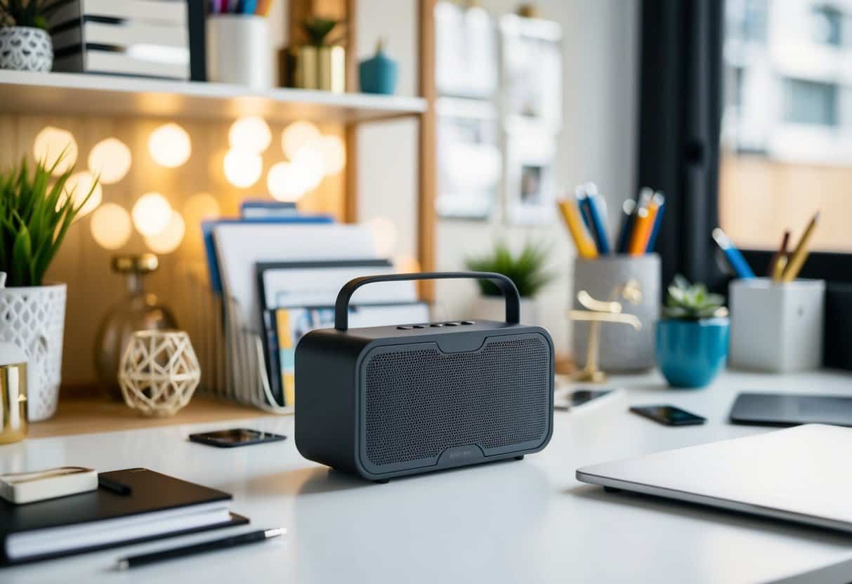 A small home office with a portable Bluetooth speaker on a desk surrounded by various decor and office supplies