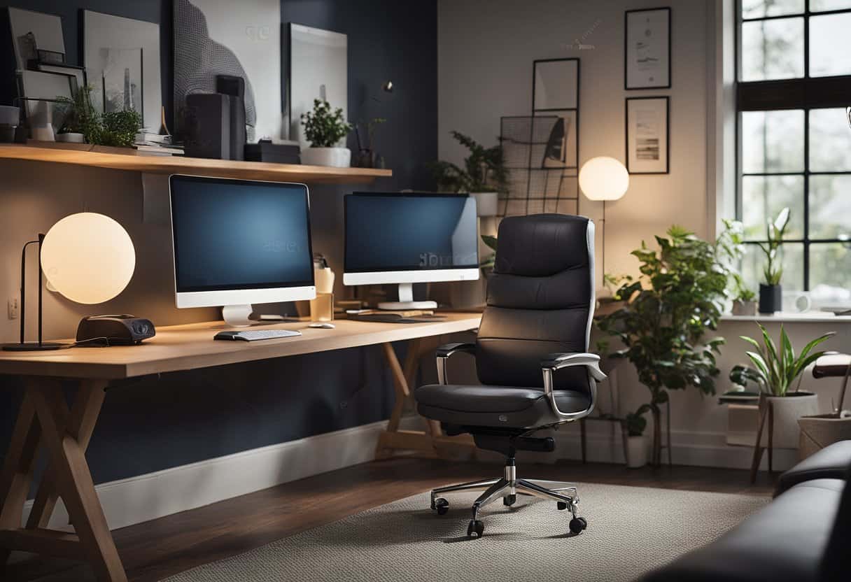 A cozy home office setup with a computer, headset, and a comfortable chair. A friendly, professional atmosphere with a focus on customer service