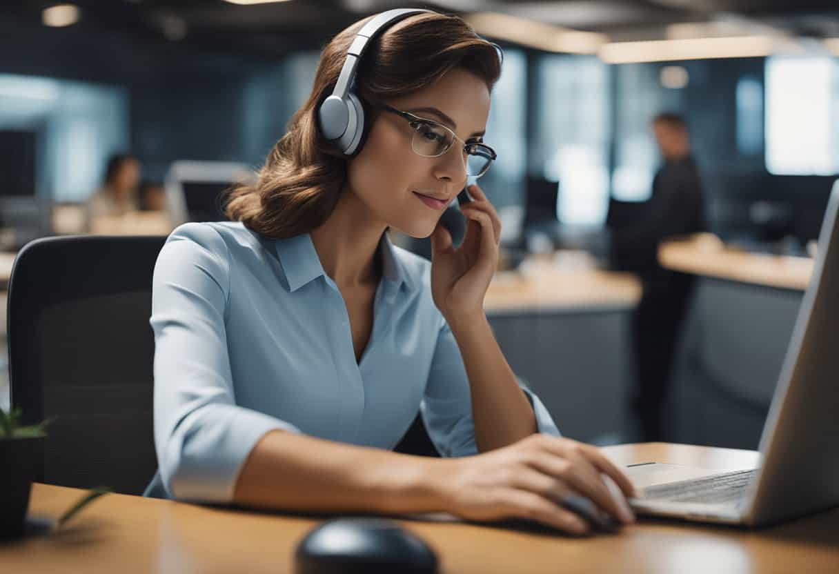 A virtual assistant multitasking at a desk, fielding inquiries with a calm demeanor