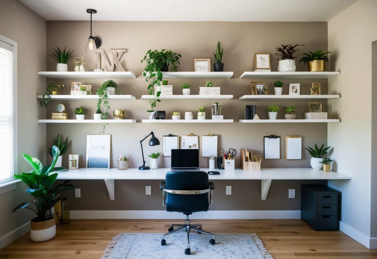 A small home office with 24 floating shelves displaying various decor, plants, and office supplies. The shelves are neatly organized and create a functional yet stylish workspace