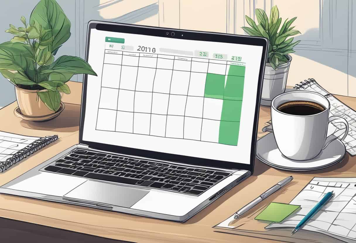 A laptop with a blank screen sits on a desk, surrounded by a notepad, pen, and a cup of coffee. A plant and a calendar are visible in the background