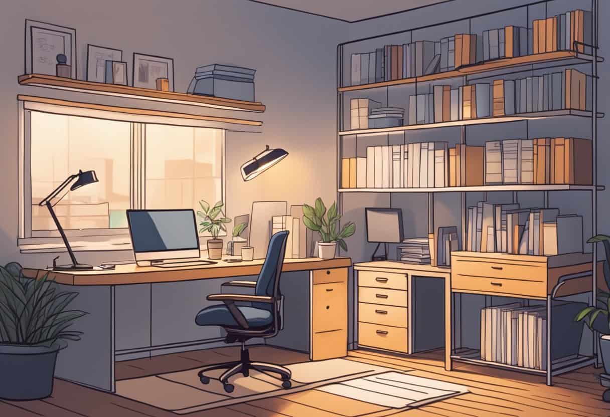 A cozy office with shelves of neatly organized files, a comfortable chair, and a desk with a computer and paperwork. Soft lighting and a peaceful atmosphere create a low-stress work environment